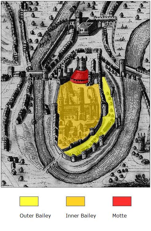 Although this 17th century illustration of Durham is schematic, it shows the way in which the Castle defenses covered the whole of the Durham Peninsula. The inner and outer baileys and the keep can clearly be seen.